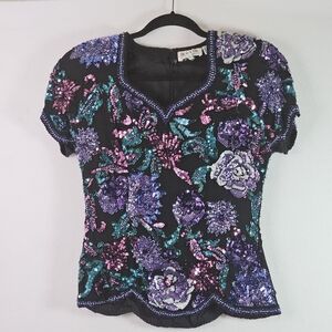 VTG Black Tie By He Ro Industries Sequin Floral 100% Silk Formal Blouse Sz S